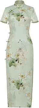 SWEPER Womens Chinese Dress - Summer Lotus Cheongsam Long Qipao Dresses Woman Modern Oriental Dress Traditional Chinese