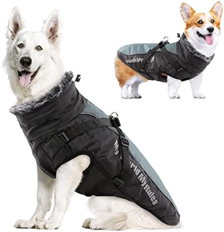 MORVIGIVE Reflective Dog Winter Jackets, Waterproof Windproof Cold Weather Dog Coats with Harness & Furry Collar, Thick Cotton Padded Pet Warm Vest Outdoor Sports Jacket Apparel for Medium Large Dogs