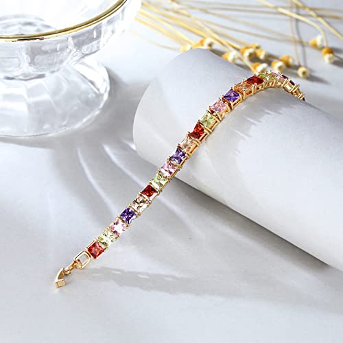 Esbbela Tennis Bracelet For Women Colorful Square 4Mm Cubic Zirconia Artificial Diamond Rainbow Tenni Bracelet 14K Gold Size 7 Inch #TOP4
