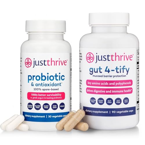 Just Thrive Gut Health Bundle – Probiotic & Antioxidant Supplement (30 Caps) + Gut 4-tify Intestinal Lining Support (90 Caps) – Spore-Based, Digestive & Immune Support for Women & Men