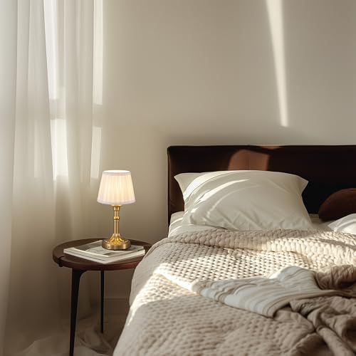 KDG Cordless Portables Table Lamp, LED Fabric Shade Small Desk Lamps, 4000mAh Battery Powered Lighting, 2700K Stepless Dimmable Light for Living Room, Dining Room, Bedroom, Bedside (Gold) by KDG - Used condition - US$35.34