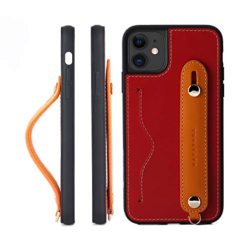 HANATORA IPhone 11ProMax グリップケース レザー 本革 ストラップ付属 イタリア製牛革 ヌメ革 片手操作 カード収納 スタンド機能 メンズ レディース レッド/オレンジ CGH-11ProMax-Red-OG