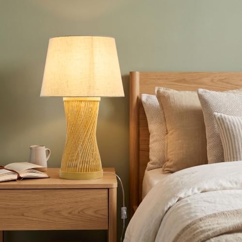 Image of Boho Table Lamp, 17 inch Bamboo Bedside Lamp for Living Room | Farmhouse Nightstand Lamp for Bedrooms, End Tables, Home Decor, Handwoven rattan Base, Linen Shade, E26 Socket