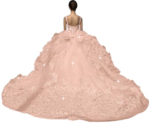 Lace Appliques Quinceanera Dresses with Big Bow Princess XV Dress Puffy Ruffled Ball Gown with Long Train SK001
