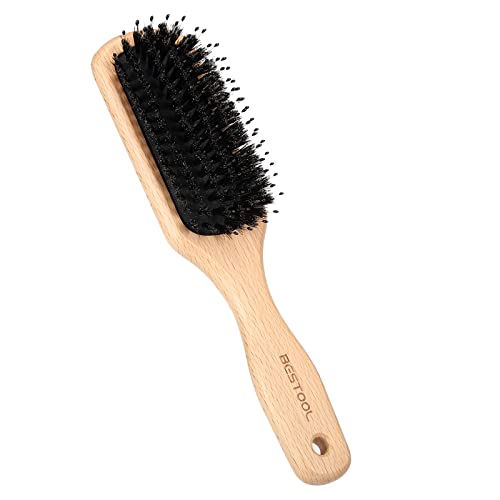 BESTOOL ヘアブラシ 豚毛 くし 木製 櫛 パドルブラシ メンズ レディース こども ヘアケア 高? コーム 頭皮マッサージ サラサラ 艶髪 絡まない 髪質改善 (ケヤキ)