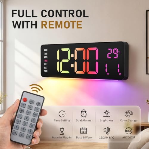 16" Large Digital Wall Clock with RGB LED Display & Remote for Classroom - Image 4