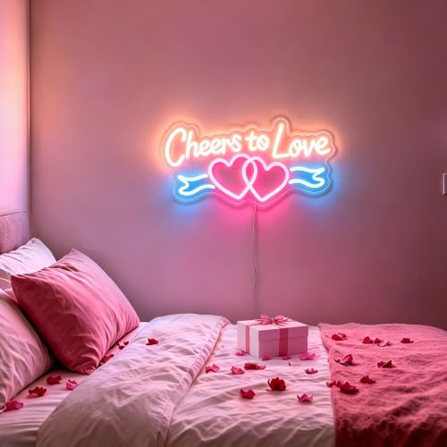 Image of Cheers to Love Valentine Neon Sign, USB Powered Neon Signs with Dimmer and Sticky Hook, Hanging LED Light Sign Decorations, Home Decor for Bedroom Wedding Party Wall 16.54 * 7.87 inch
