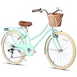 Glerc 24 Inch Beach Cruiser Bike, 6-Speed Hybrid City Bicycle for Girls Youth and Over 6 Years Old, Missy Bike with Wicker Basket & Lightweight, Mint