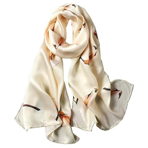 ANDANTINO 100% Silk Long Scarf for Women Large Shawls for Headscarf and Neck- Oblong Hair Wraps with Gift Packed (Off-white Calla) Cover