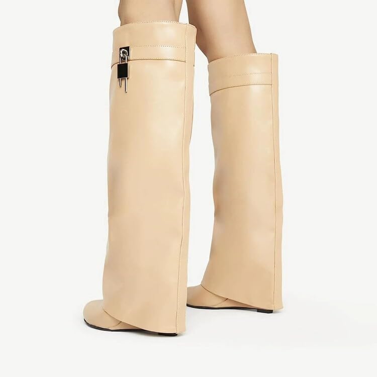 Image of keleimusi Fold Over Wedge Boots Heeled PadLock Pant Knee High Shoes Tall /Short Booties