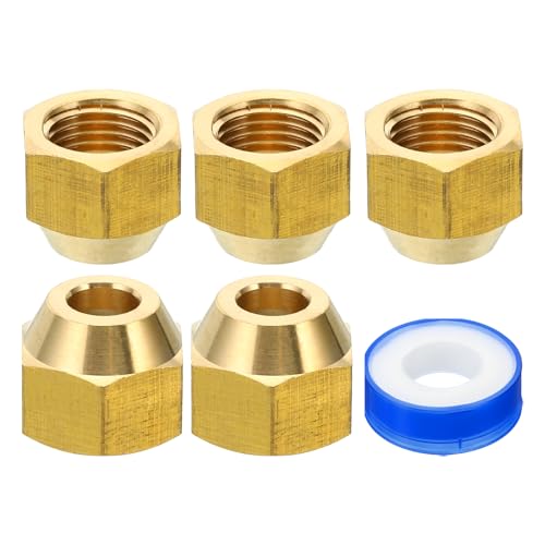 PATIKIL Tuerca de Latón de 5/16 Sae, 5 Unidades, Accesorio de Tubo de Cobre de 45 Grados con Cinta para Línea de Aire Acondicionado, Agua y Gas, Brillante