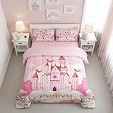 Manfei Girls Women Princess Comforter Set Queen,Pink Castle Dreamy Comforter Set Kids Bedroom Decor,Flowers Garden Princess Bed Set,Fairy Tale Theme Duvet Insert Cute Blanket,Gifts for Girls