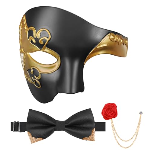 FunMular Masquerade Mask for Men Phantom of The Opera Mask Half Face with Bowtie Brooch for Halloween Mardi Gras Party