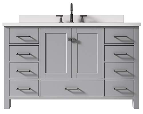 Ariel 55" Inch Grey Bathroom Vanity W/ 1.5" Inch Edge Pure White Quartz Countertop W/Back & Sidesplash | Single Oval Sink | 2 Soft Closing Doors & 9 Full Extension Dovetail Drawers | Matte Black #TOP23