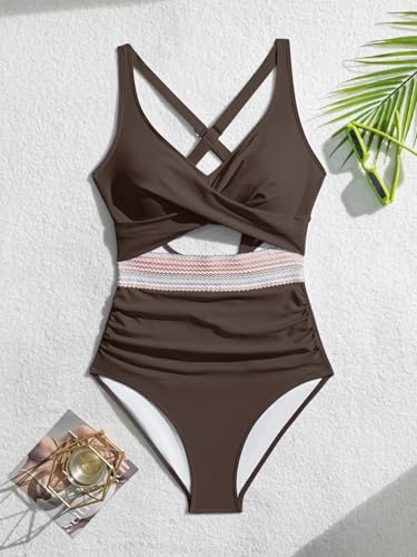 Image of B2prity Women's One Piece Swimsuit Tummy Control High Waisted Bathing Suit | Color Block,Removable Soft Cups,Cutout,V neck,Full Coverage,Adjustable Criss Cross Straps,Tie Back