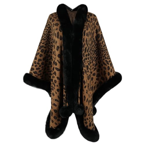 Women's Leopard Print Shawl Wraps Fur Collar Open Front Knitted Poncho Oversized Warm Cardigan Capes for Fall Winter