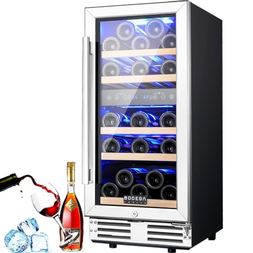 Image of BODEGA 15 Inch Wine Fridge, 30 Bottles Dual Zone Wine Cooler, 41-68F Wine Refrigerators Free standing, Soft LED Dual Zone Wine Fridge, Built-in or Freestanding for Home /Bar /Kitchen (3.2 cu.ft), Black