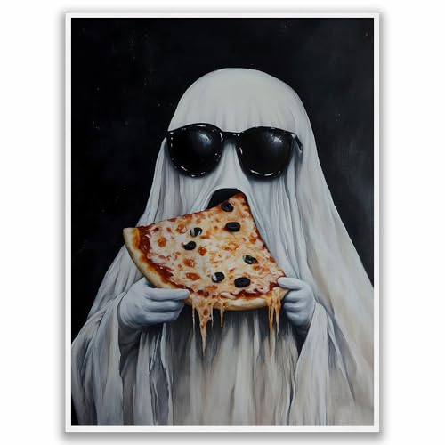 Cool Ghost Eating Pizza Poster Spooky Halloween Wall Art Funny