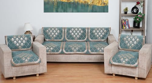Image of MORADO Chenille 5 Seater Sofa Set Slipcover | Soft & Durable Sofa Cover for Living Room, Drawing Room & Office | Elegant Protective Furniture Cover - Sea Green