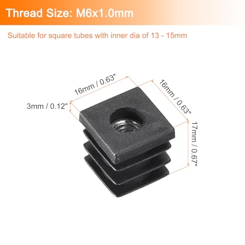 Image of uxcell 10Pcs Inserts for Square Tubes with M6-1.0mm Thread, for 0.63 inchx0.63 inch OD Square Tube, Black Plastic Plug Caster Insert Chair End Caps Furniture