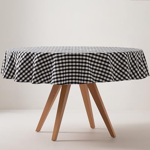 GAMUSI Mantel Antimanchas Redondo Cuadro Vichy, algodón, Tacto Tela, 160x160 cm Color Negro