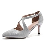 HIPPOSEUS Escarpins Femme à Bout Pointu Sexy Chaussures Talon Aiguille avec Bride Cheville pour Fête Mariage Soirée ou Sortie Habillée,Argent,38 EU