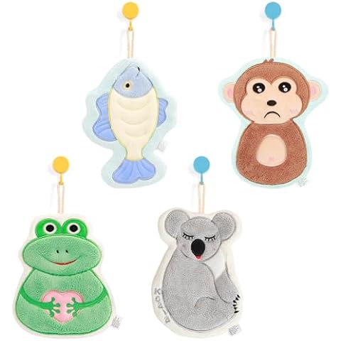 PRATIQUE 4 Pack Cute Hand Towels for Bathroom Kitchen with Hanging Loop, Funny Kids Hand Towel,Microfiber Coral Fleece Absorbent Hand Towel for House Warming Birthday Gifts for Women Animal Lovers Cover
