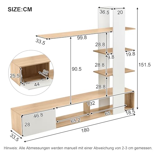 Meuble TV Mural 180 cm Blanc & Bois + 3 Étagères BTM
