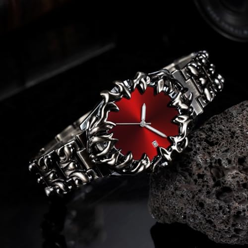 Image of CARLIEN Gothic Claw Watch for Men - Unique Stainless Steel Wristwatch, Luminous Hands, Waterproof Quartz Movement, Futuristic Melting Style, Cool Red & Green Color Options