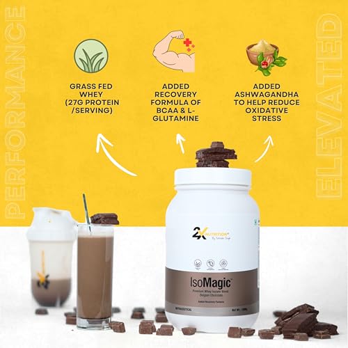 Image of 2X Nutrition Premium Whey Isolate Blend Protein Powder ISOMAGIC with Ashwagandha, 27g Protein, Low Fat & Carbs, for Faster Muscle Growth, Added Free-Form BCAA & L-Glutamine, Belgian Chocolate, 1Kg