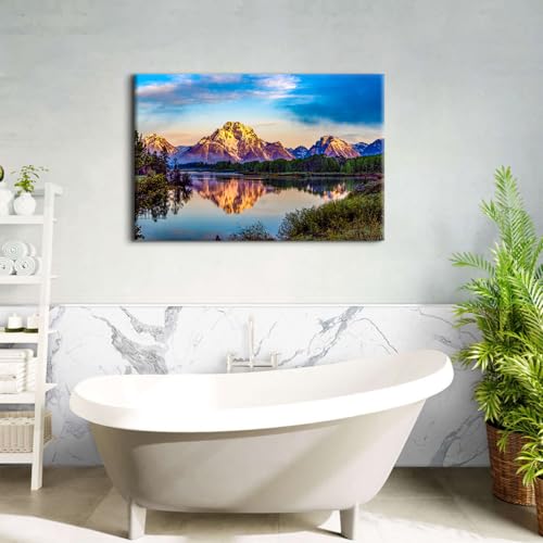 Image of Large Nature Pictures USA Oxbow Bend Landscape Wall Art Sunset Mountain Wall Decor National Park Painting Snake Lake Canvas Prints Modern Country Landscape Artwork for Living Room Decorations 32x48 inch