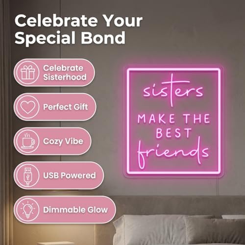 Image of Sisters Make The Best Friends Neon Sign, Pink Led Wall Decor for Bedroom, Gift for Sister, Best Friend, BFF, USB Dimmable Aesthetic Room Decor for Girls, Unique Friendship Gift (13.8 inchx12.4 inch)