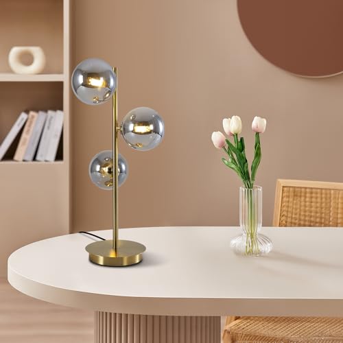 Image of Mid Century Globe Table Lamp, Modern 3 Lights Gold Brass Desk Lamp, Contemporary Smoky Grey Glass Globe Bedside Lamp for Bedroom Living Room Study Room