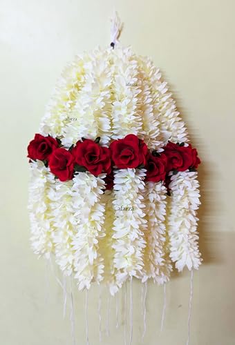 Image of Veni Gajra Hair Bun Artificial mogra Jasmine With Gulab Juda Scrunchies For Women Pack 4 pieces (gulab-white)