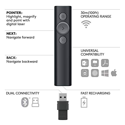 Logitech Spotlight Presentation Remote - Advanced Digital Highlighting With Bluetooth, Universal Presenter Clicker, 30M Range And Quick Charging – Black #TOP5
