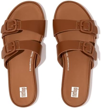 FitFlop™ Women's Gracie Rubber-Buckle Two-Bar Leather Slide Sandal, Light Tan, Size 5 | Image 2