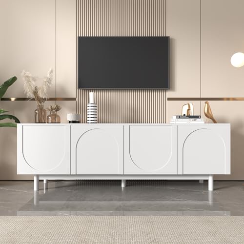 ModernLuxe Meuble TV bas, blanc, 175 x 38 x 56 cm, avec plaques d'insertion réglables, portes push-to-open, meuble bas de luxe, en bois de qualité...