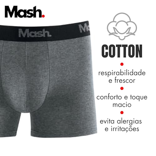 MASH Kit 3 Cuecas Boxer Cotton Elástico Exclusivo Adulto Masculino, 1 Cinza Mescla Grafite - 2 Preto
