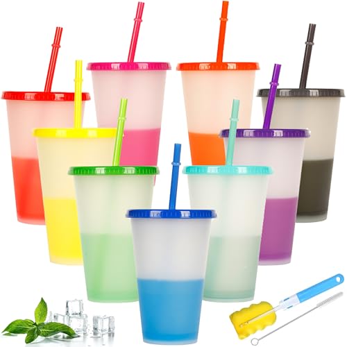 ALINK Lot de 9 gobelets avec paille et couvercle, 480 ml, gobelets à changement de couleur, réutilisables, en plastique, pour enfants, pour voyage, café glacé, boisson froide, smoothie, jus
