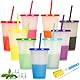 ALINK 9 Stück Becher Tasse Trinkbecher mit Strohhalm & Deckel - 480ml Farbwechselbecher Mehrweg Plastikbecher Kinder Tasse Cup Travel Mug Tumbler Eiskaffee Kaltes Trinken Smoothie Saft