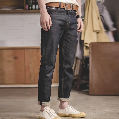 Men Selvedge Raw Denim Jeans Regular Fit Cotton Pants with Zip Fly Trousers4