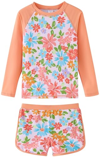 Image of UMELOK Girl Rash Guard Swimsuit 2-Pieces Long Sleeve Bathing Suit 4-12Years | Kids Swimwear Sets,UPF 50+ Sun Protection,Soft And Comfortable Fabric,Swimming Pool,Beach