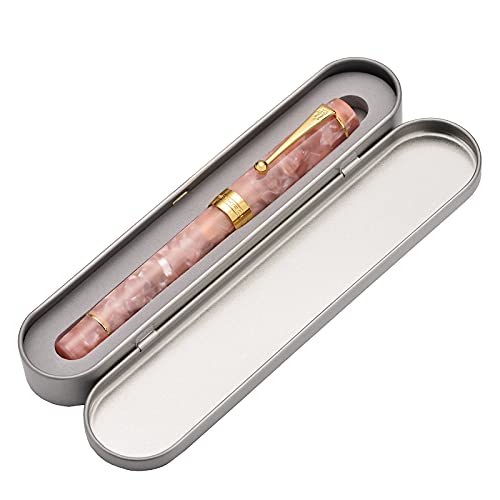 Jinhao Classic Fountain Pen Pink Celluloid, Medium Nib With Conveter And Metal Pen Case Set #TOP24