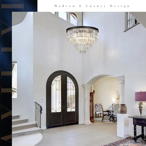 Image of Large Crystal Chandelier Modern Black 30 inch Round Light Fixture Staircase