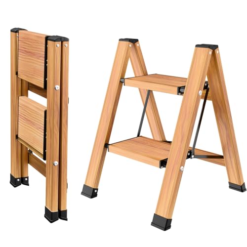 KULACO Trittleiter 2 Stufen Klappbar, Klapptritt Aluminium 150kg Kapazität Klappleiter, Tragbare Stufenleiter, rutschfeste Haushaltsleiter, Multifunktionsleiter Holzmaserung für Küche, Bad, Camping