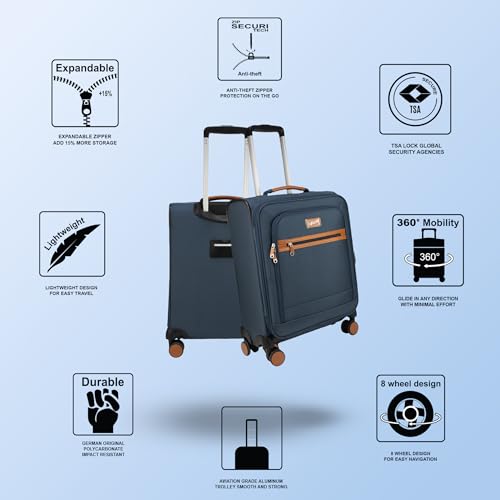 Image of F Gear Softair Small Cabin Soft Luggage | Lightweight Expandable Carry-On Trolley Bag with 360 Spinner Wheels, Silent 8-Wheel System, Built-in TSA Lock, Anti-Theft Zipper & Luggage Tag (.Navy)