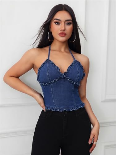 OYOANGLE Women's Frill Trim V Neck Denim Halter Top Tie Backless Shirred Jean Crop Top4
