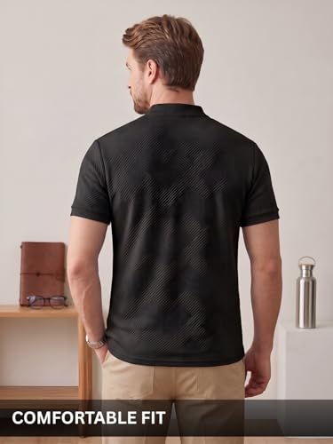 Image of Leriya Fashion Men's Textured Mandarin Collar T-Shirt | Premium Casual Polo Style T Shirt for Men | Smart Casual Office, Party &Everyday Wear