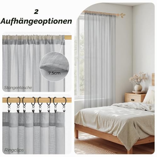 MRTREES Gardinen Kinderzimmer Vorhänge Kurz 150 x 200 cm (HxB) 1er Set, Grau Voile Vorhang Schlicht Halbtransparent mit Tunnelzug für… – Ansicht 2