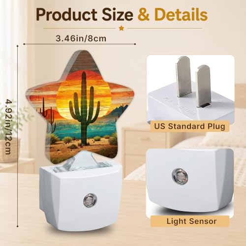 Image of Tropical Cactus Star Night Light Plug in, Decorative Night Light for Kids Room Nursery Bedroom, Soft Glow Sensor Lamp for Hallway Bathroom, Compact Energy Saving
